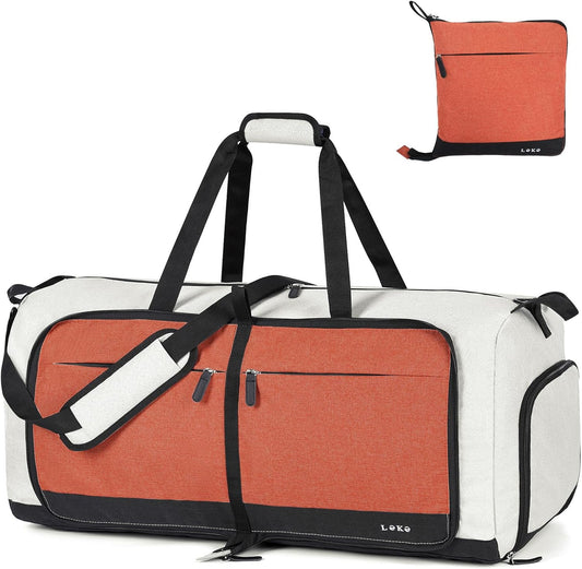 Lekesky Foldable Travel Duffle Bag for Women, Large Duffel Bag with Separate Shoes Compartments & Straps, Carry On Weekend Bag for Women, Hospital, Overnight (Cinnamon & Camel, 80L)