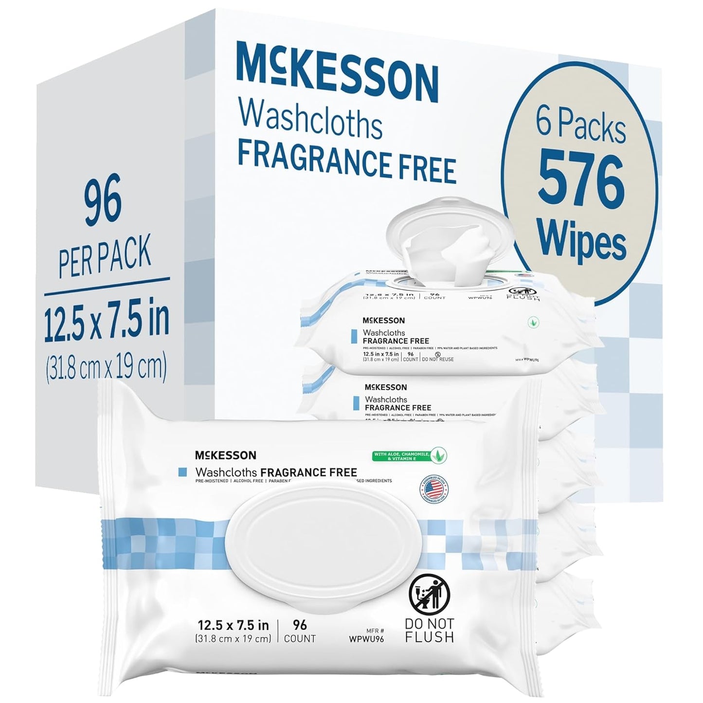 McKesson Washcloth Wipes for Adults, Unscented (6 Pack, 576 Washcloths) Disposable Wash Cloths for Body - Fragrance-Free No-Rinse Formula - Good for Incontinence and Elderly - 96 Wipes Per Pack