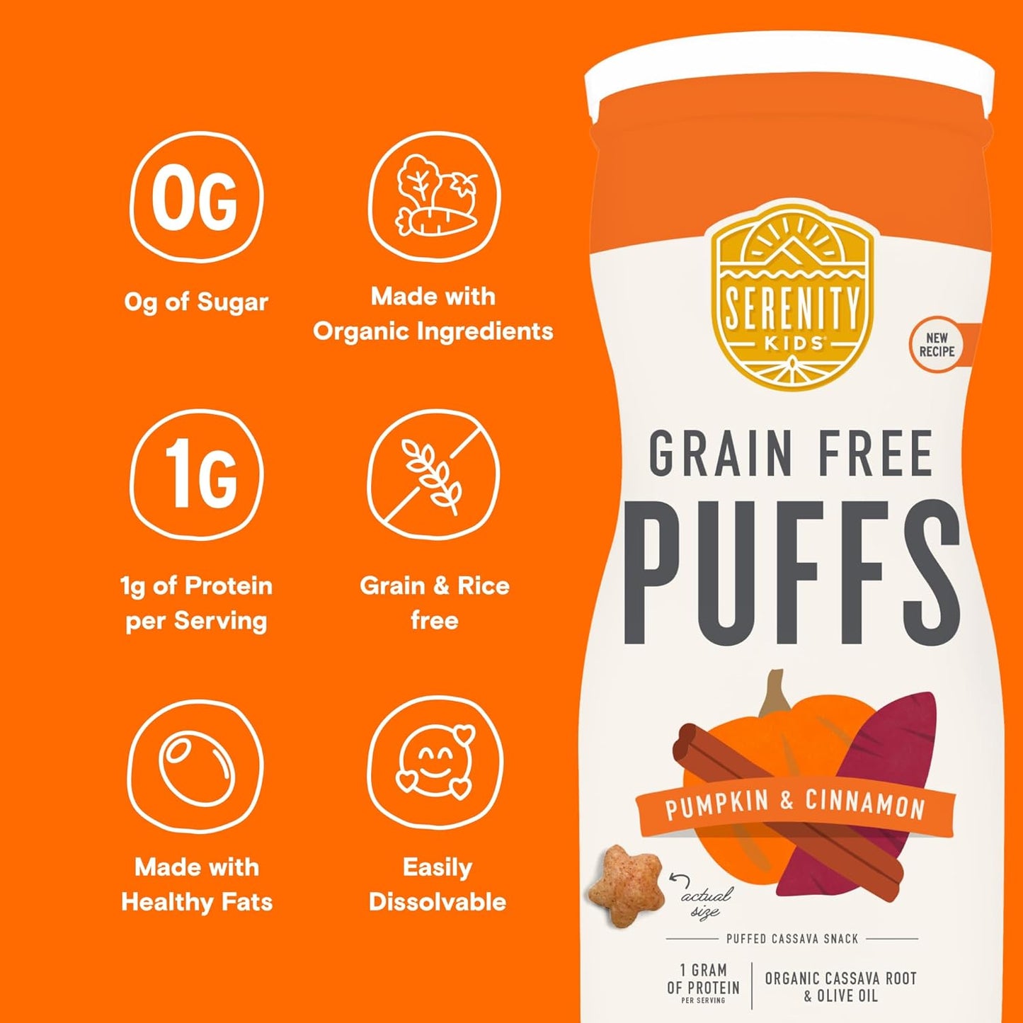 Serenity Kids 6+ Month Grain Free Puffs Toddler & Baby Snack - No Added Sugar - No Gluten or Rice - BPA & Allergen Free - With Organic Cassava, Veggies & Herbs - Pumpkin & Cinnamon - 6 Count