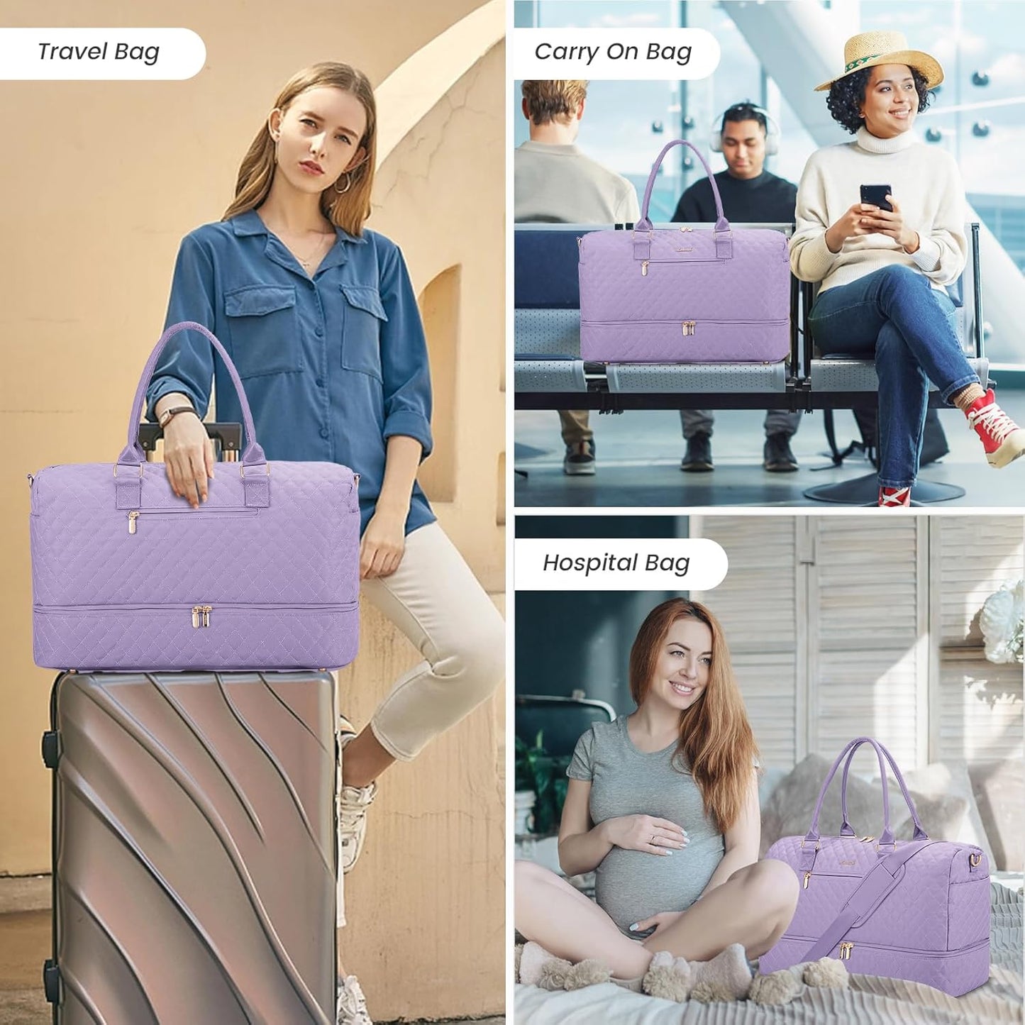 LOVEVOOK Travel Duffle Bag for Women, Weekender Overnight Bag with Shoe Compartment, Carry on Bag with Toiletry Bag, Gym Duffel Bag with Wet Pocket, Hospital Bags for Labor and Delivery 3 Pcs Set