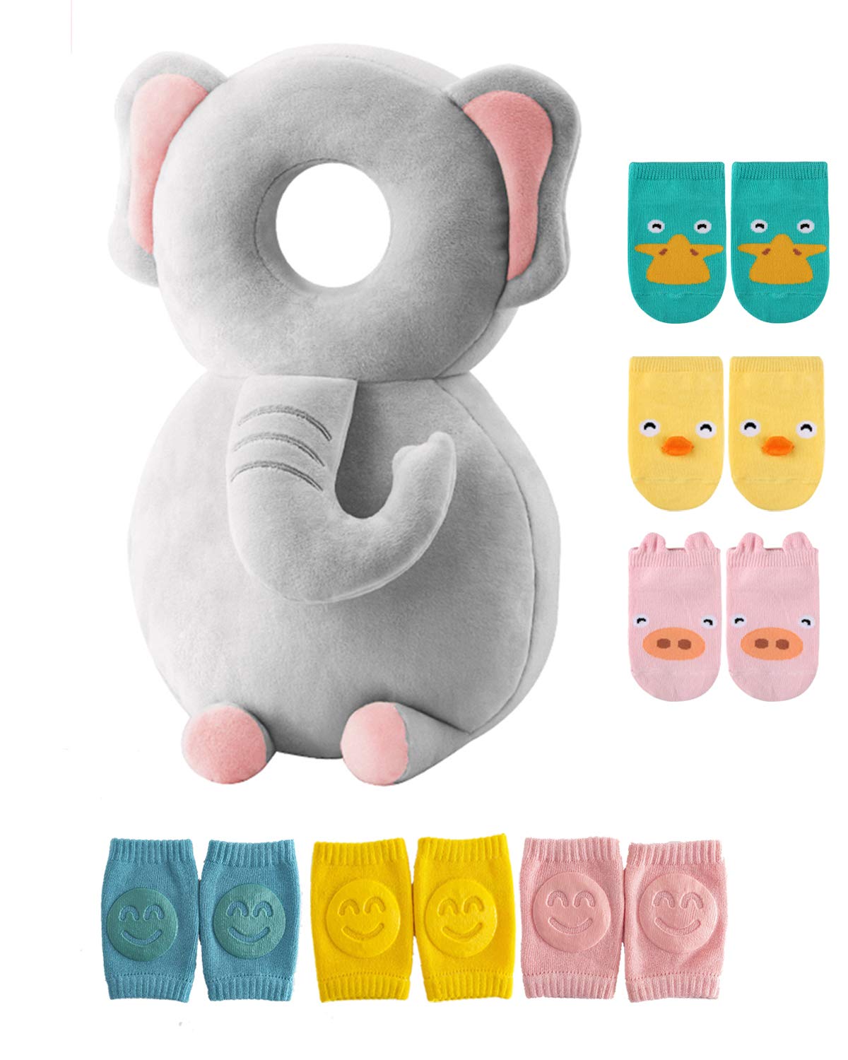 JunNeng Toddler Baby Head Protector Backpack for Toddler Walker with Knee Pads&Anti-Slip Socks, Elephant