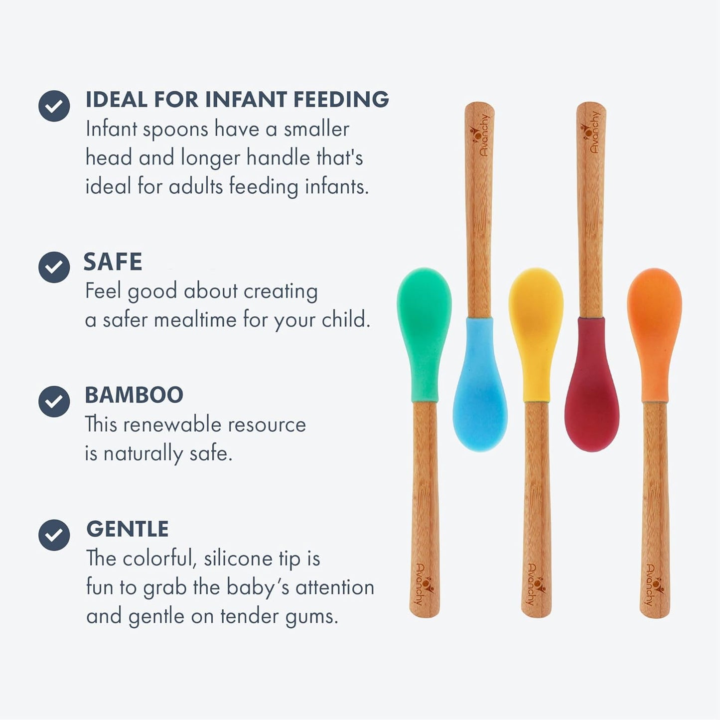 Avanchy Bamboo & Silicone Infant Training Spoons, BPA Free - Soft Tip, Easy on Gums, First Stage Feeding Utensils for Baby-Led Weaning, Self-Feeding, Gray