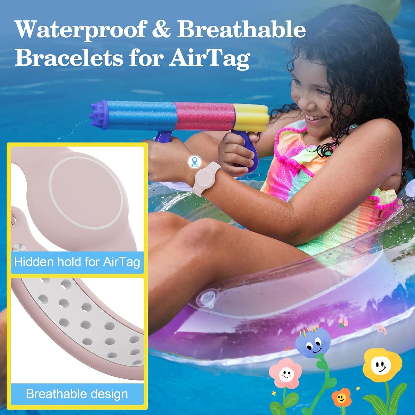 Waterproof Bracelets Compatible with AirTag for Kids, 2 Packs Silicone Holder with Hidden Cover Design Wristband Compatible with AirTag for Child, Breathable GPS Tracker Holder for Kids DGBP
