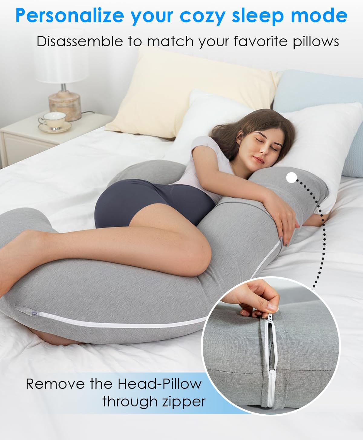 QUEEN ROSE Cooling Pregnancy Pillows, E Shaped Maternity Pillow for Sleeping, with Extra Wedge Pillow for Belly Support, 55 Inch Detachable Body Pillow, Breathable Cover, Grey
