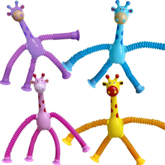 Suction Cup Pop Tubes Giraffe Toy 4PCS, Telescopic Sensory Fidget Toys Funny Shape Changing for Kids Boys Girls Adult Giraffe