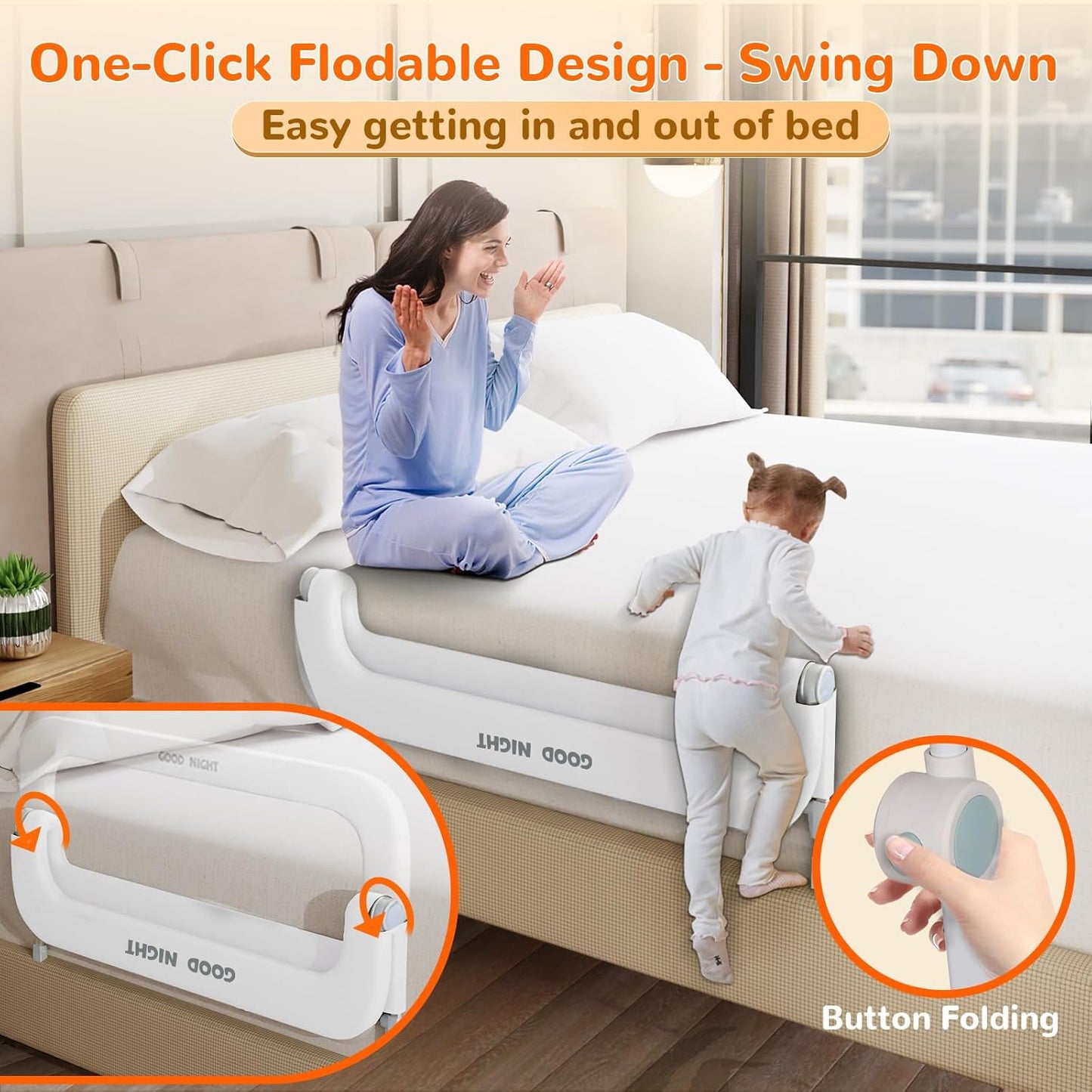 Bed Guard Rail for Toddlers - 32" Adjustable Heights & Folding up Portable Bed Railing for Baby - Toddler Bed Rails Guard for Crib, Twin, Bunk,Full Size, Queen & King Bed(White)