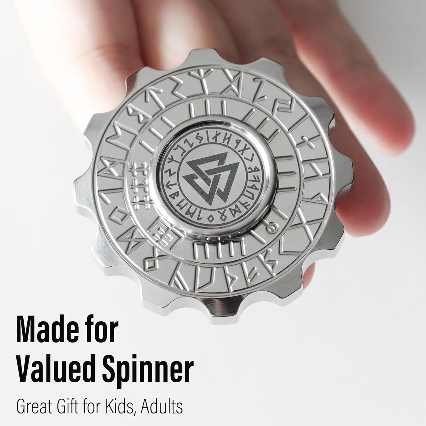 FREELOVE Metal Fidget Spinner, Viking Pirate Haptic Gyro, Heavy Stainless Steel Hand Spinning, Small Round Gear Fidget Block, Premium Bearing Silent Long Spinning for Adults Anxiety Cool, Silver