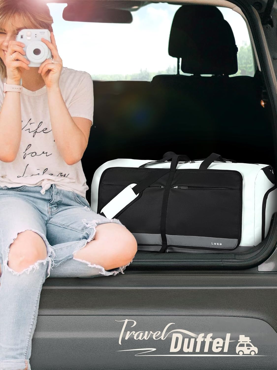 Lekesky Foldable Travel Duffle Bag for Women, Large Duffel Bag with Separate Shoes Compartments & Straps, Carry On Weekend Bag for Women, Hospital, Overnight (Grey & Brown, 60L)