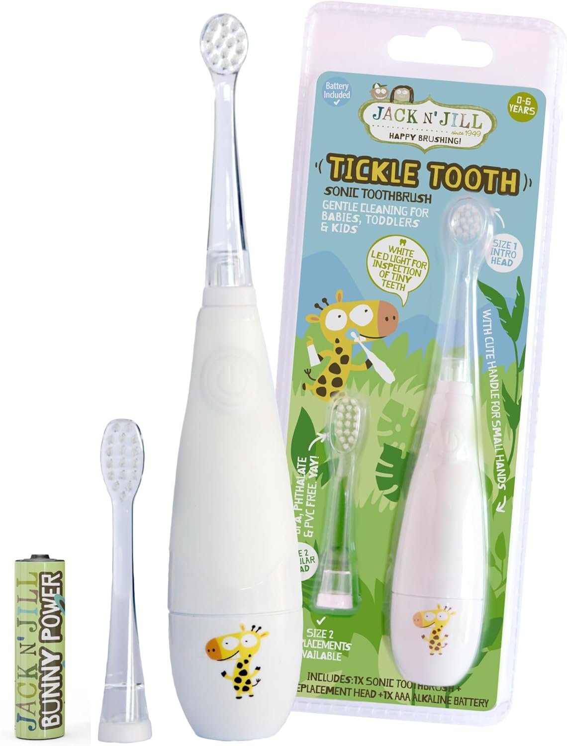 Jack N' Jill Tickle Tooth Sonic Electric Toothbrush with Replacement Head - Gentle Cleaning, Made for Tiny Teeth, LED Inspection Light, for Babies & Kids, Extra Soft Bristles - (1 Pack)
