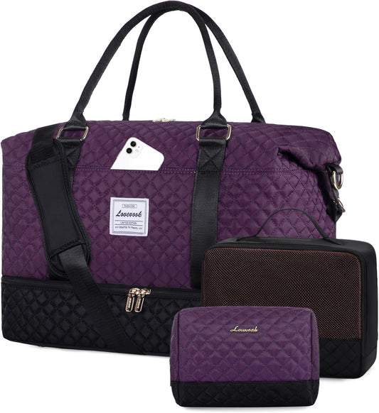LOVEVOOK Travel Weekender Bag for Women, Carry on Overnight Bag with Shoe Compartment, Travel Duffle Bag Women, Yoga Gym Duffel Bag with Wet Pocket, Hospital Bags for Labor and Delivery, 3 Pcs Set