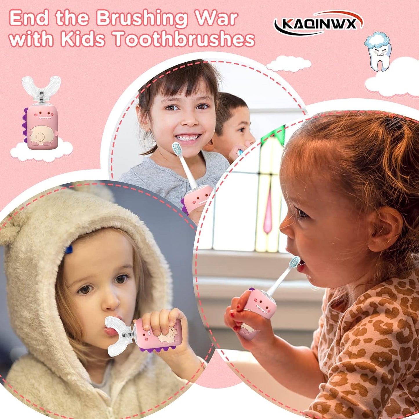 Kids U Shaped Electric Toothbrush for Age 2-12, Rechargeable Toddler Toothbrush with Smart Timer & 3 Clean Modes, Dinosaur Design, IPX7 Waterproof, 3 Brush Heads & 360°Cleaning