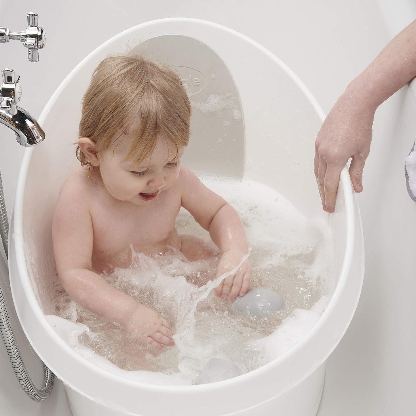 Toddler Bath Tub | Larger Bath for Bigger Kids at Bathtime | Includes Warm and Soft Foam backrest | Grippy Anti-Slip Surface | Includes Easy Drain Bath Plug | White & Grey