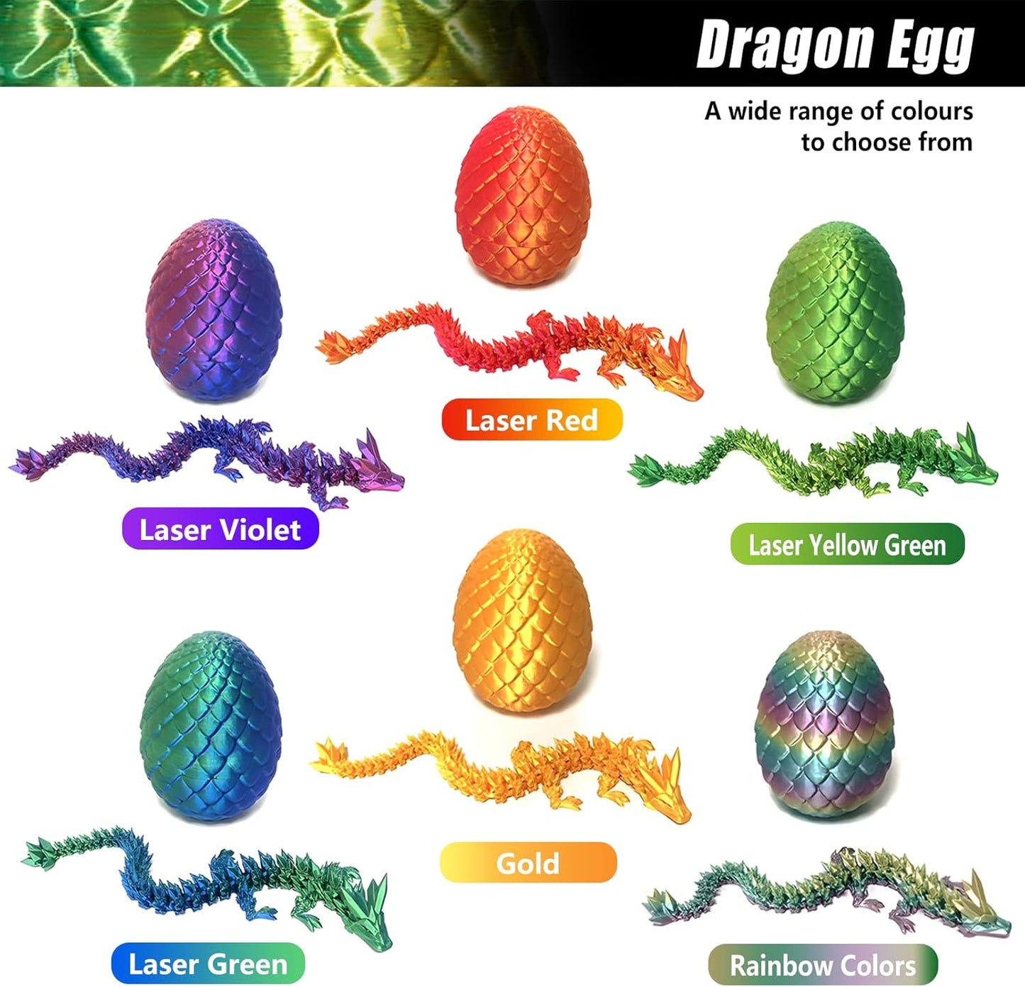 3D Printed Dragon Egg Crystal Dragon Fidget Toy Full Articulated Dragon Mystery Dragon Eggs with Dragon Inside Home Office Desk Decor Gifts Toys (Laser Yellow Green)