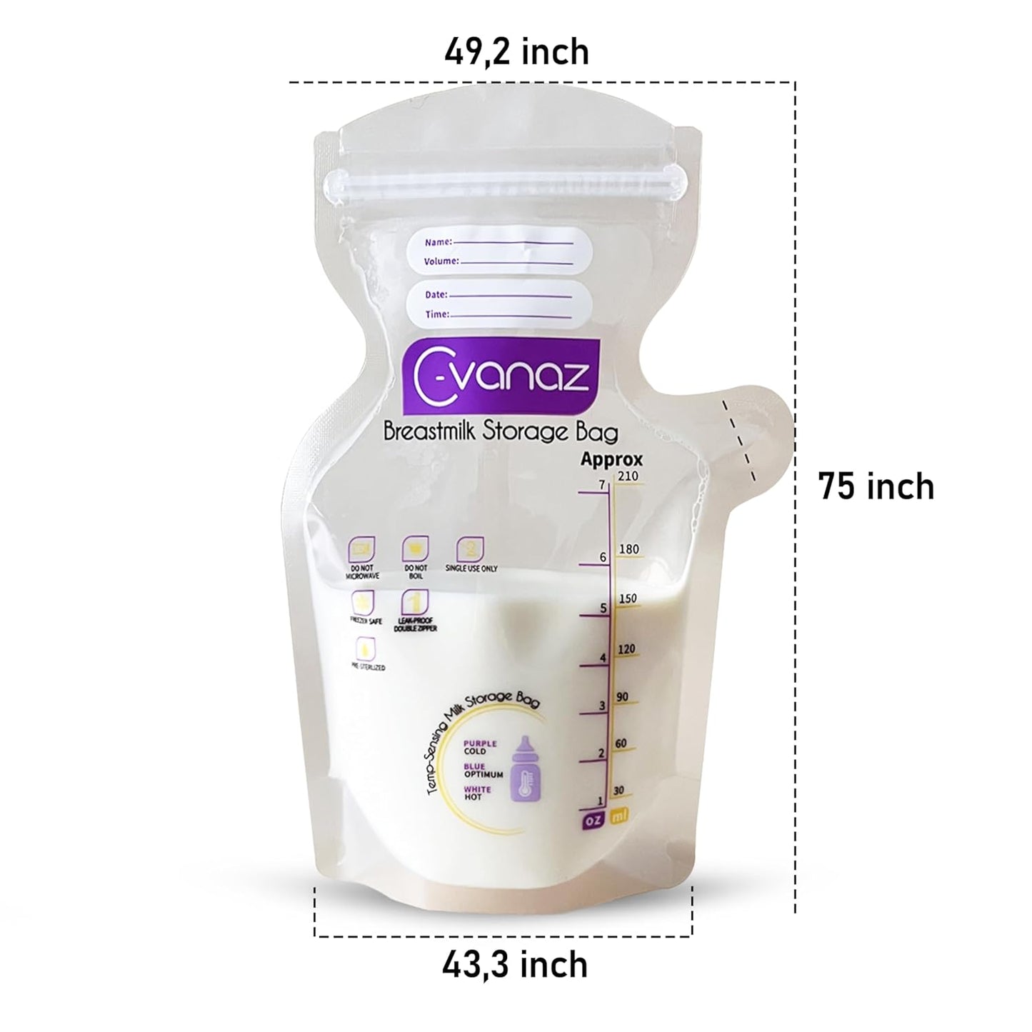 Breastmilk Storage Bags,120 Count 7Oz / 210 ml, Temp-Sensing Color Change, No Leak, Freezer Safe Bag, Presterilized Milk Storage Bag, Self Standing, Easy Pour Spout Milk Bag, Extra Thick