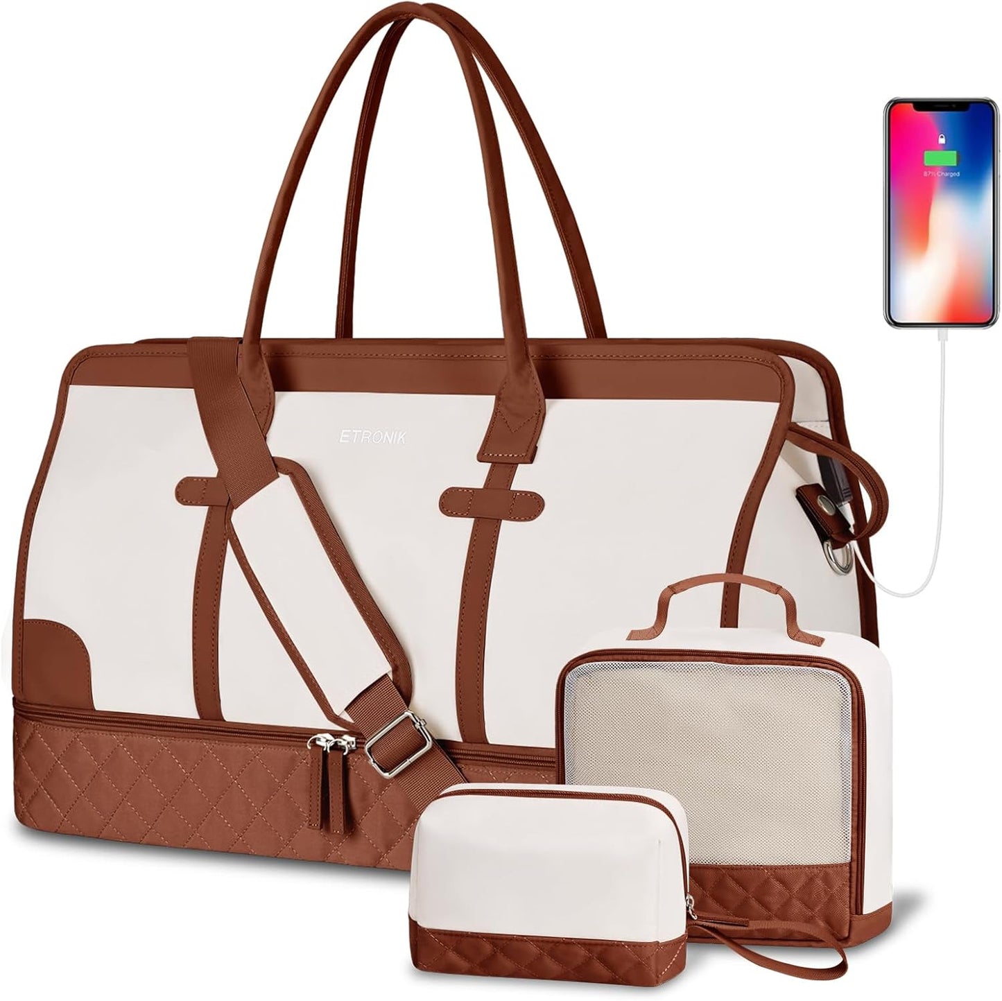 ETRONIK Weekender Overnight Bag for Women, Large Travel Duffle Bag with Shoe Compartment & Wet Pocket, Carry On Tote Bag Gym Duffel Bag with Toiletry Bag for Hospital 3 Pcs Set, XL Size, Beige-Brown