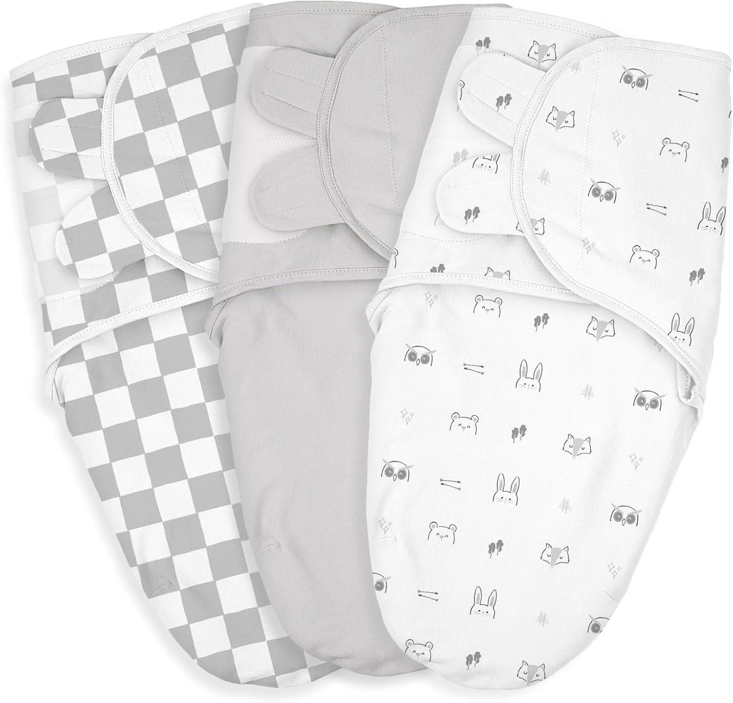 Baby Swaddle Sacks, 3-Pack Newborn Organic Cotton Swaddle Wrap, Adjustable Swaddling Blankets, Nursery Swaddling Essentials for Newborn 0-3 Months, Infant Shower Items Gift (Animals & Square)