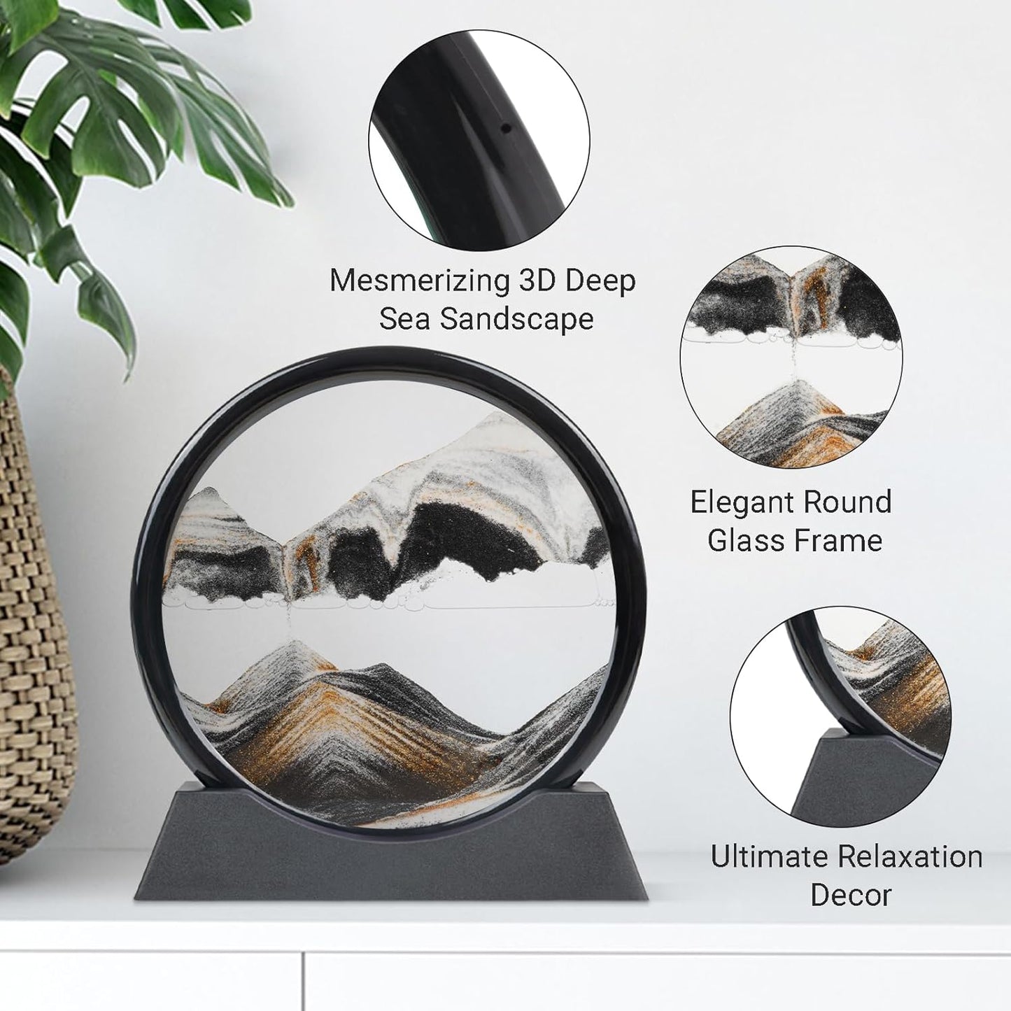 Drakswet Moving Sand Art Liquid Motion，Moving Sand Art Picture-3D Deep Sea Sandscape，Round Glass Frame Display Flowing Sand Relaxing Desktop Home Office Work Decor (Black)