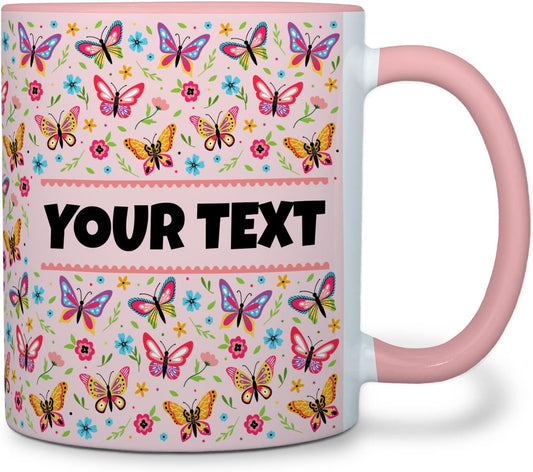 Personalized Mug for Kids - Butterflies - Custom Name/Text, Ceramic Hot Chocolate/Cocoa/Coffee Cup for Girls, Birthday/Christmas/Holiday Gift - 11 oz, Pink Handle