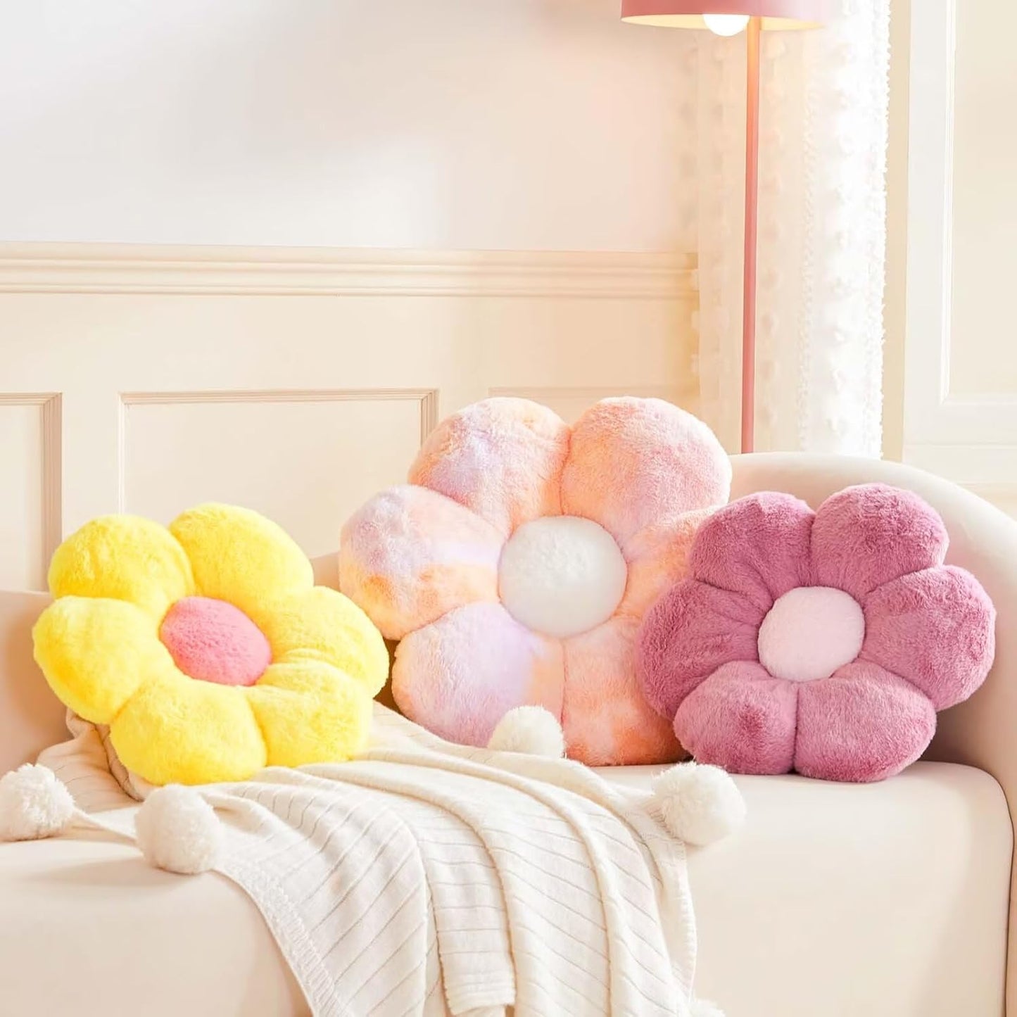 Dusty Purple Flower Shaped Throw Pillow with Faux Rabbit Fur, 19.6" Soft Plush Throw Pillow for Bedroom Living Room