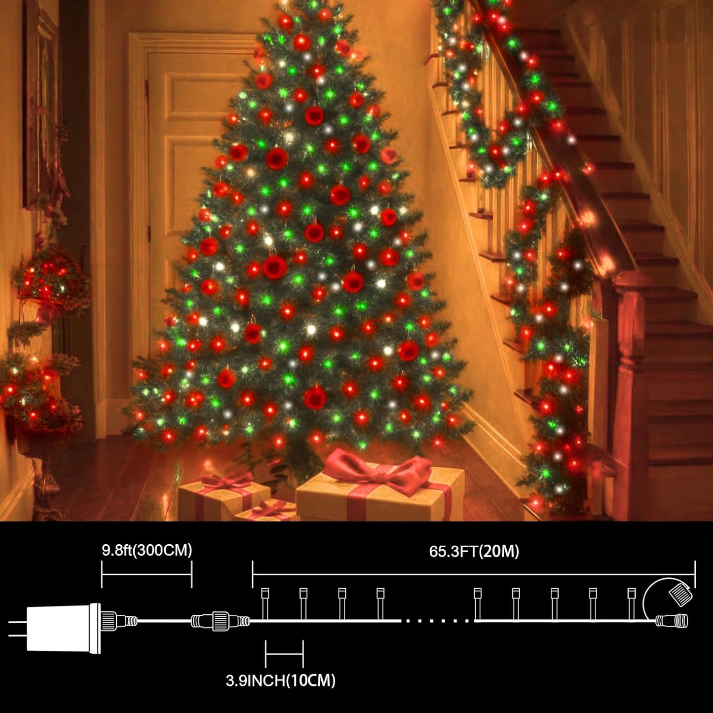 66ft Christmas Decorative Mini Lights, 200 LED Transparent Wire Fairy Starry String Lights Plug in, 16 Lighting Modes for Outdoor Xmas Tree Wedding Party Decoration (Red Green White)