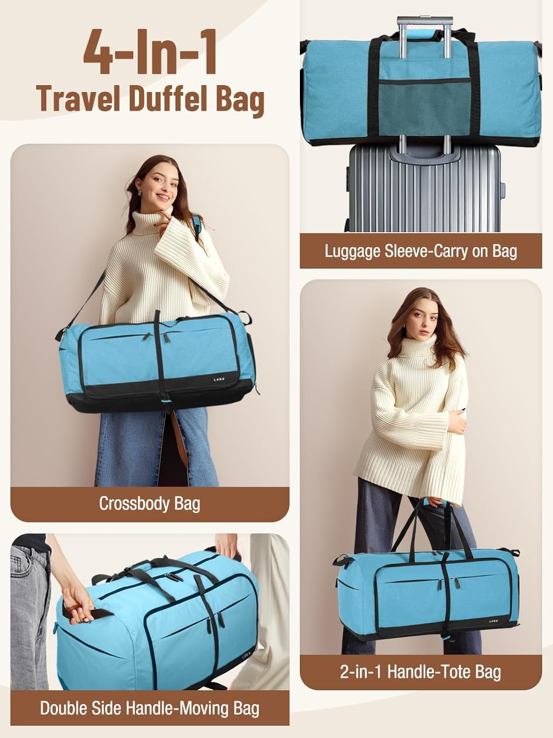 Lekesky Foldable Travel Duffel Bag for Women, 80L Large Duffle Bag with Separate Shoes Compartments & Straps, Carry On Weekend Bag for Women, Hospital, Overnight(Azure)