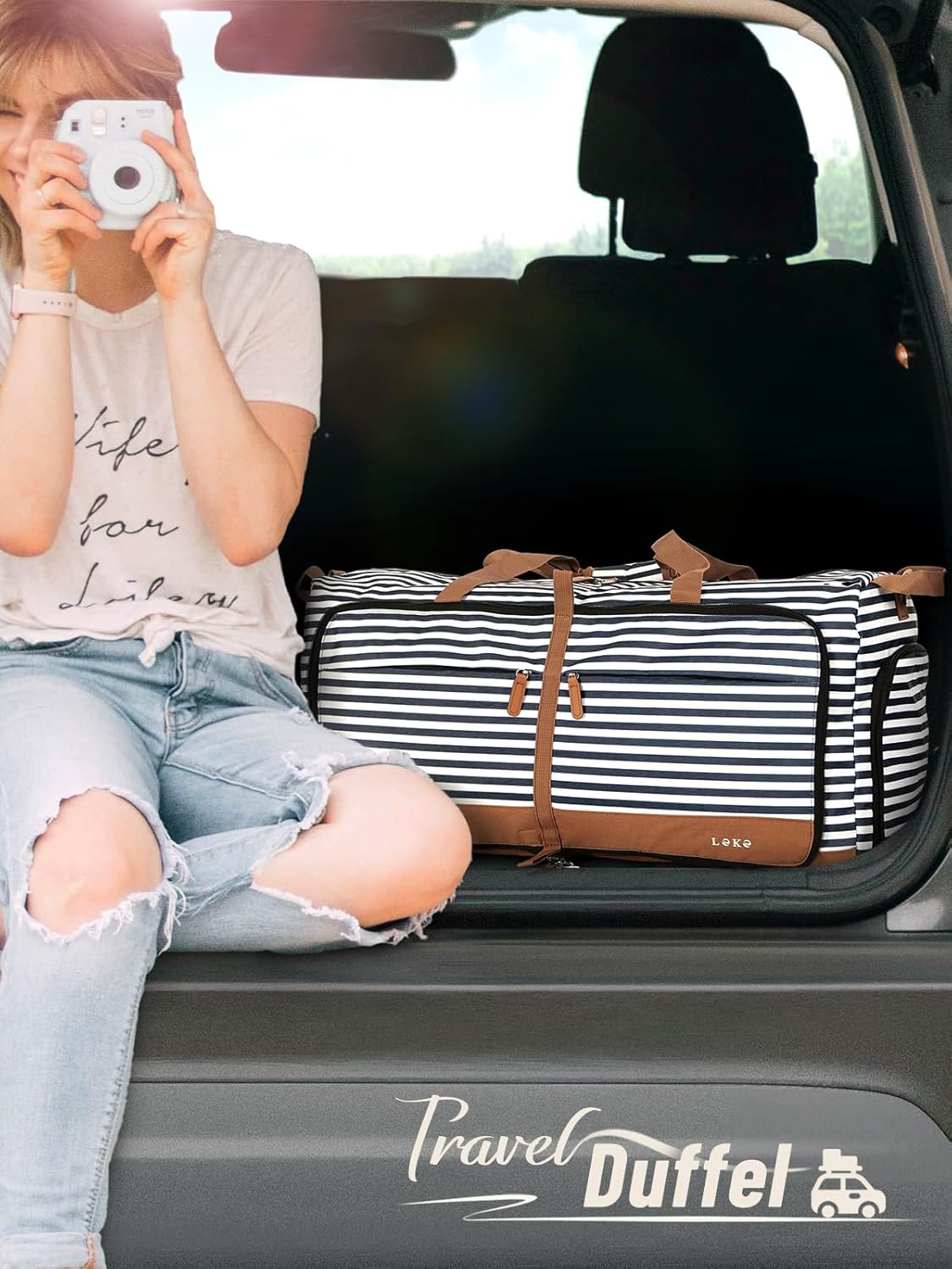 Lekesky Foldable Travel Duffle Bag for Women, 100L Large Duffel Bag with Separate Shoes Compartments & Straps, Carry On Weekend Bag for Women, Hospital, Overnight (Blue Stripes)