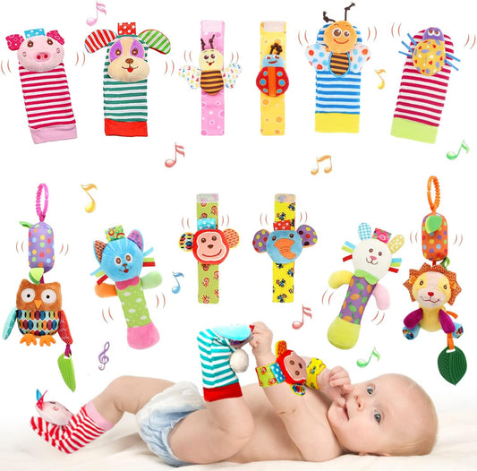 BLOOBLOOMAX Baby Soft Hanging and Wrist Rattle Toy, Car Seat Stroller Toys with Plush Animal C-Clip Ring for Infant Babies Boys and Girls 3 to 12 Months (12PCS-G)