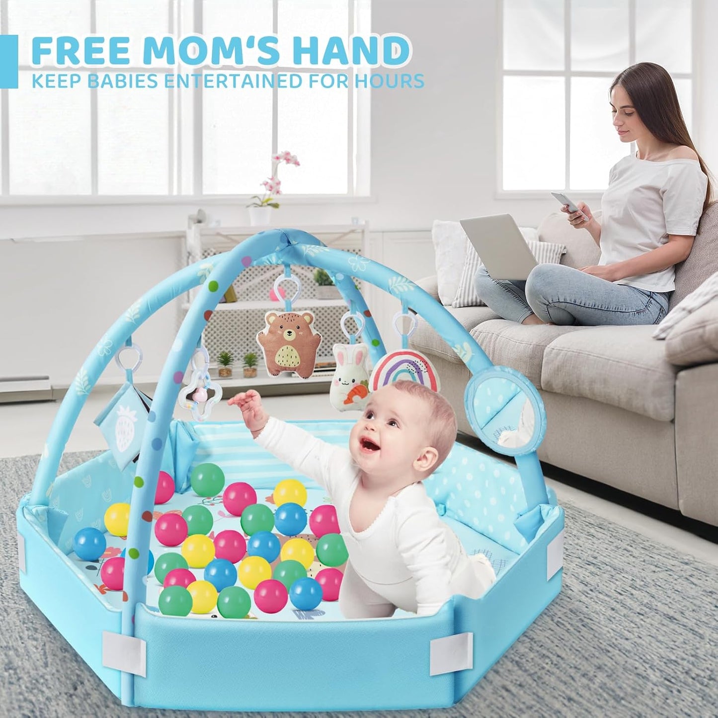 Baby Gym Play Mat, 8-in-1 Tummy Time Mat & Ball Pit with 6 Toys, Washable Baby Activity Mat for Visual, Hearing, Sensory, Motor Development, Baby Gift for Newborn Infant 0-3-6-9-12 Months (Blue)