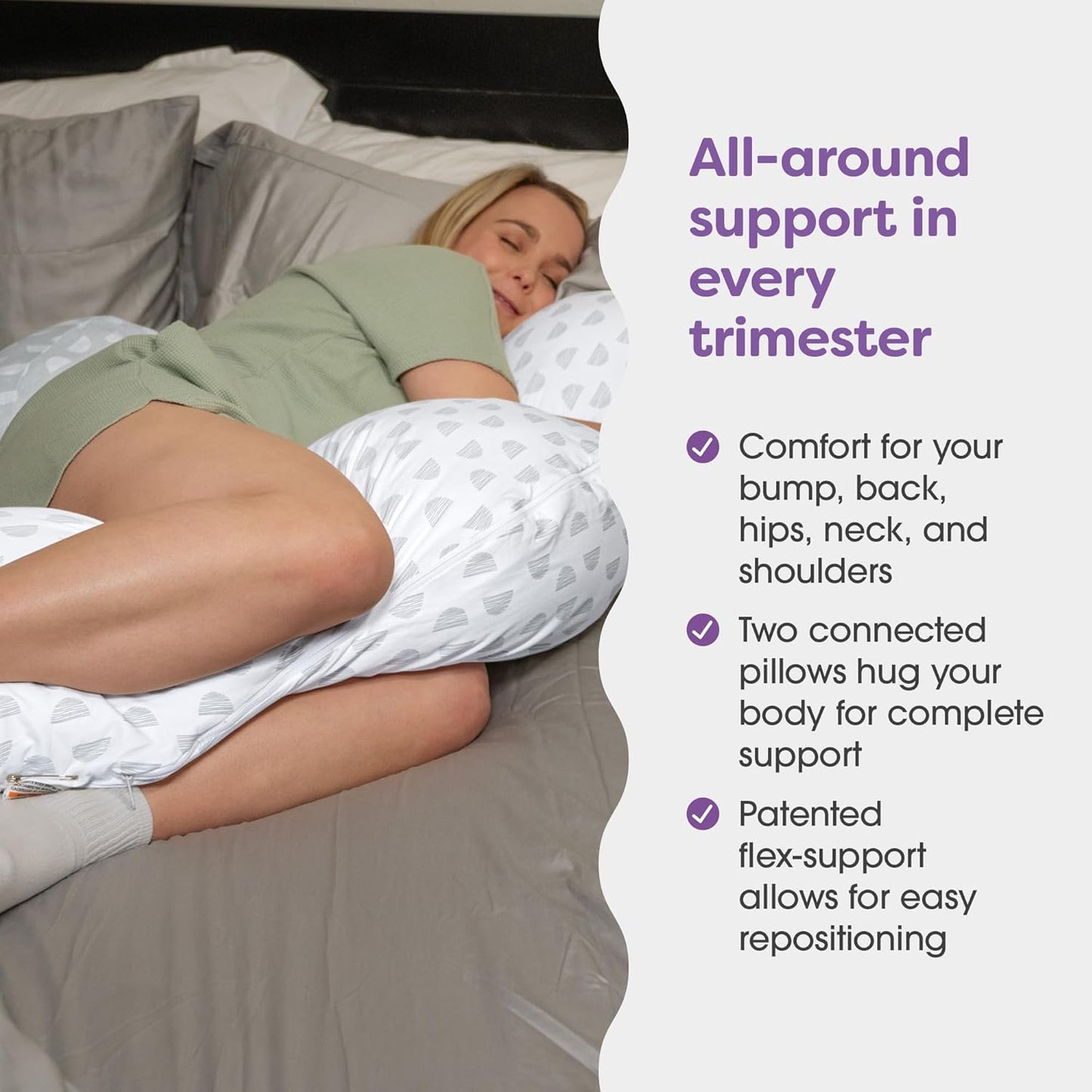 Boppy Full Body Side Sleeper Pregnancy Pillow - Full-Body Maternity Pillow with Stability Panel & Side Sleeper Pillow Support, Washable with Cooling Cover - Gray and White Mirage
