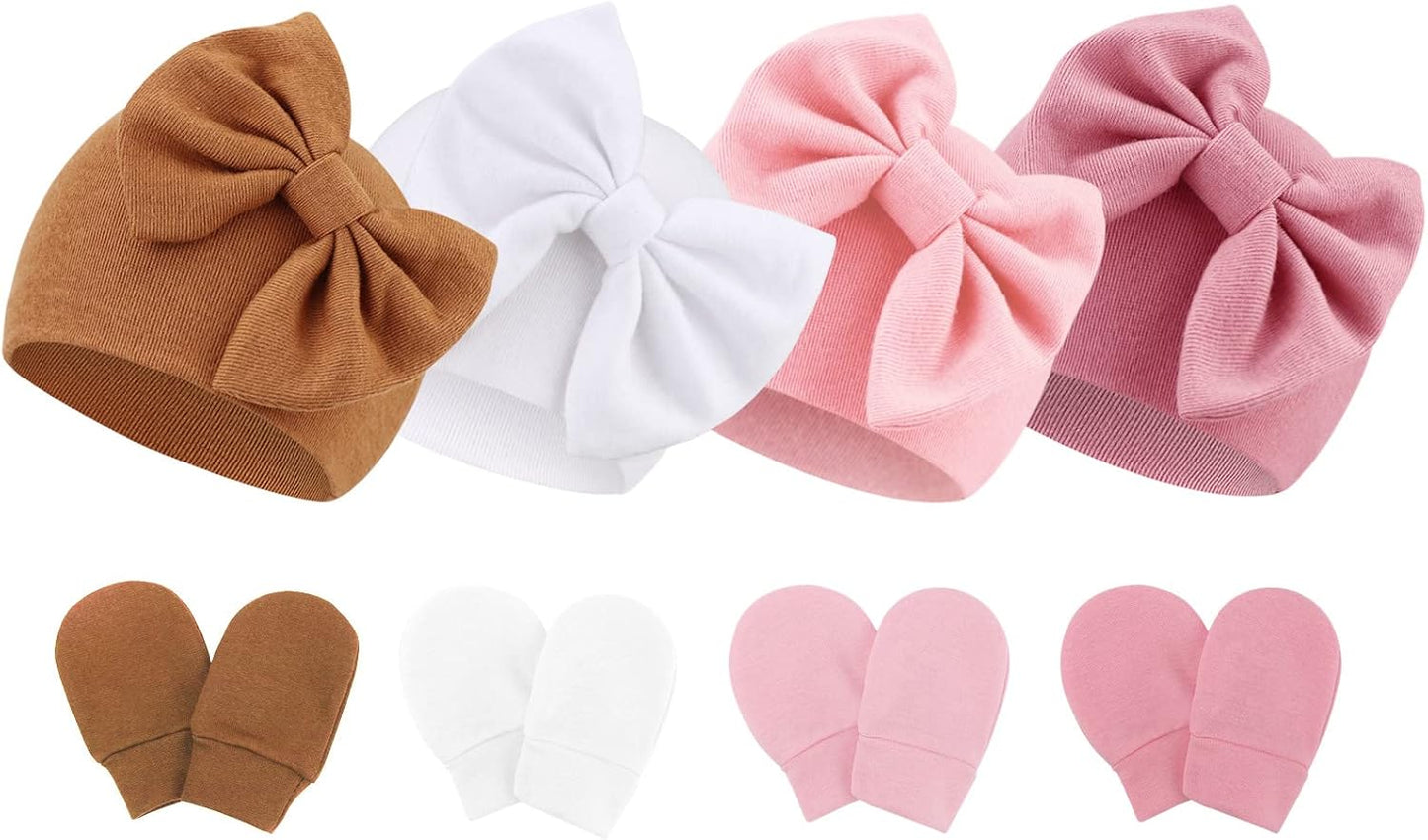BQUBO Newborn Baby Hats Mittens Set Hospital Hat Beanie Infant Bow Hats Baby Gloves No Scratch Mittens for 0-6 Months