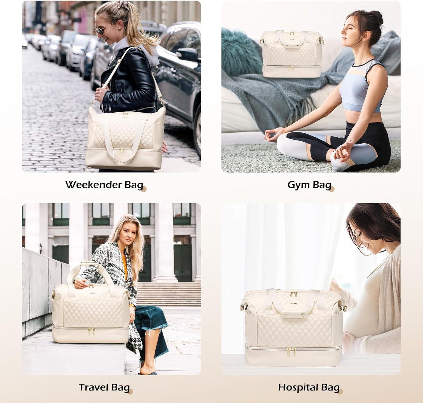 Travel Duffel Bags for Women Weekender Overnight Duffle Bag with Wet Pocket Shoes Compartment Carry on Tote Bag for Business,Trips,Travel,Sports,Gym,Yoga,Hospital,3 Pcs Set, 43L,Beige