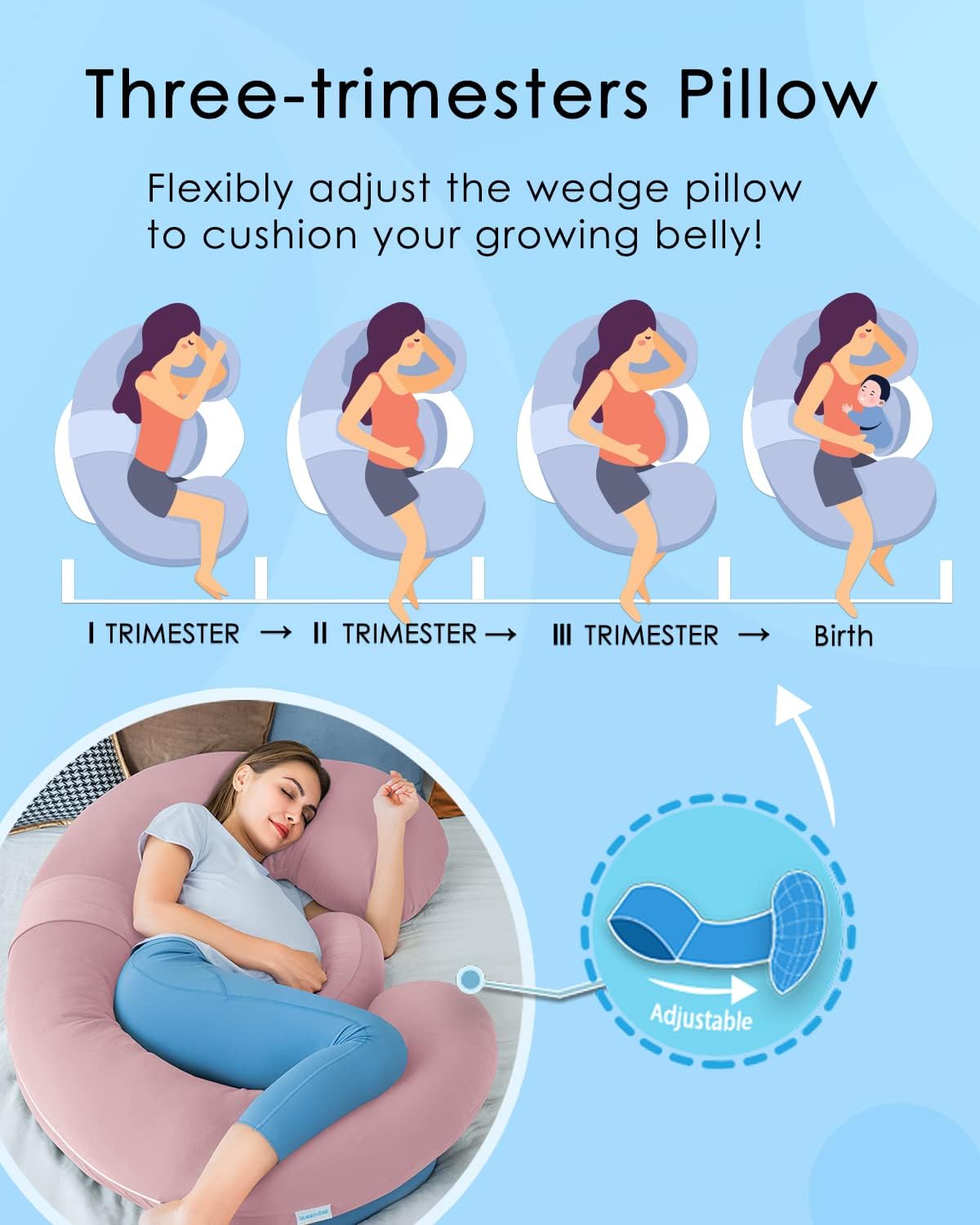 QUEEN ROSE Cooling Pregnancy Pillows, E Shaped Maternity Pillow for Sleeping, with Extra Wedge Pillow for Belly Support, 60 Inch Full Body Pillow, Pink