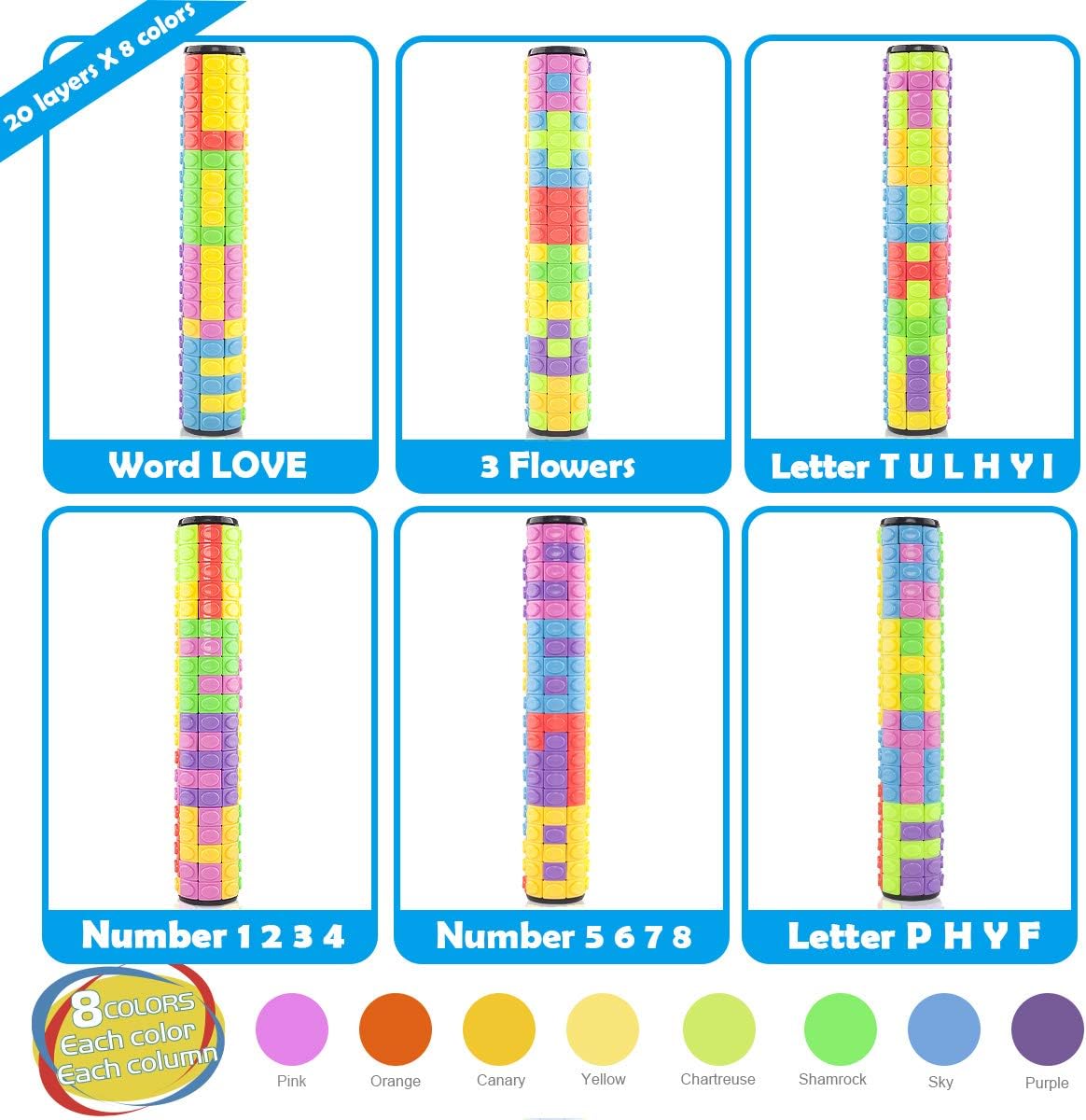R.Y.TOYS Rotate and Slide Puzzle-Design Patent,Fidget Toys(Restore Order/Create Patterns) 8 Colors,20 Layers-Detach Piece for Quick Play,Brain Teaser,Sensory Toys,Birthday Gifts,Easter Basket Stuffer