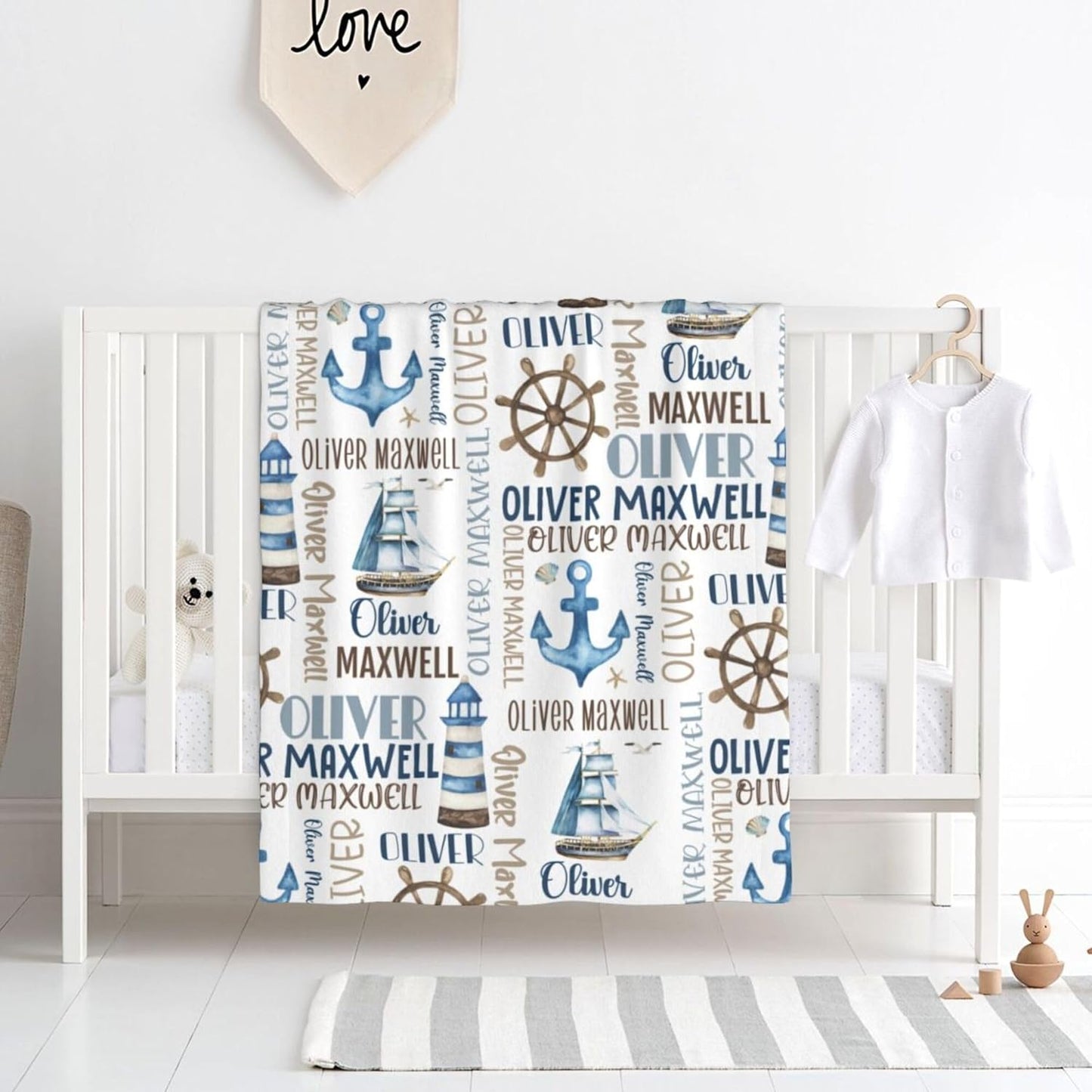 Personalized Baby Blanket for Boys, Custom Baby Blanket with Name, Nautical Blanket Sailboat Anchor Baby Blanket, Nautical Swaddle Blanket for Toddlers Kids Newborn