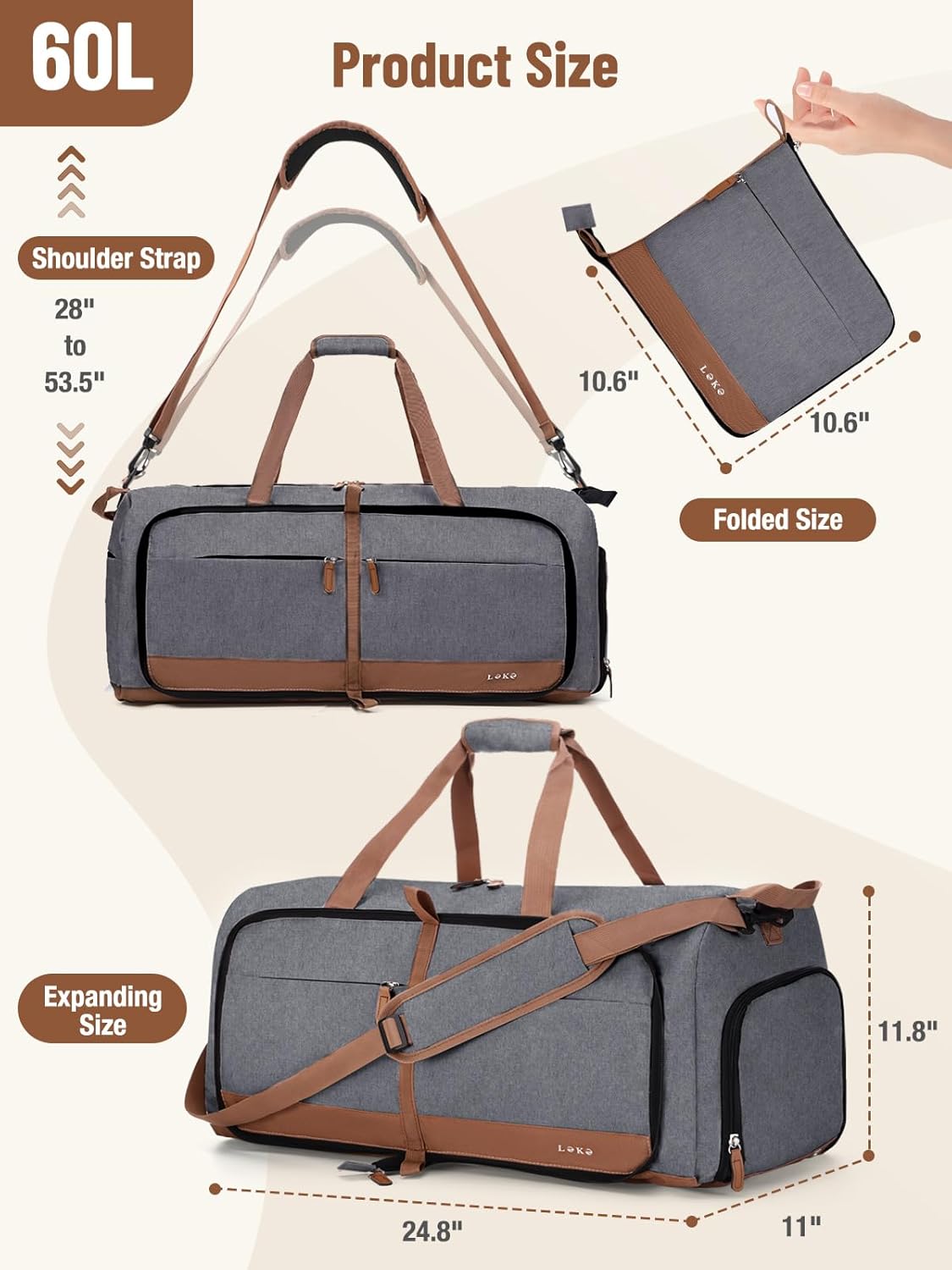 Lekesky Foldable Travel Duffel Bag for Women, 60L Large Duffle Bag with Separate Shoes Compartments & Straps, Carry On Weekend Bag for Women, Hospital, Overnight(Grey)