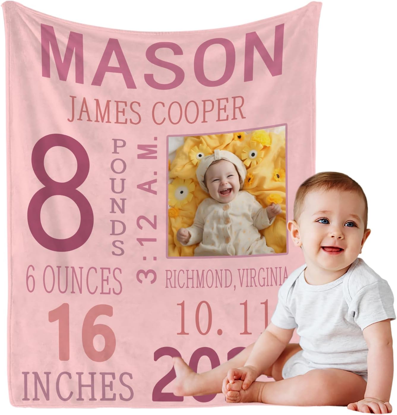 Personalized Baby Milestone Photo Blanket, Custom Name Blanket Toddler Baby Boys Girls Soft Flannel Swaddling Blankets Customized Memorial Gift from Nana Grandma Infant Newborn