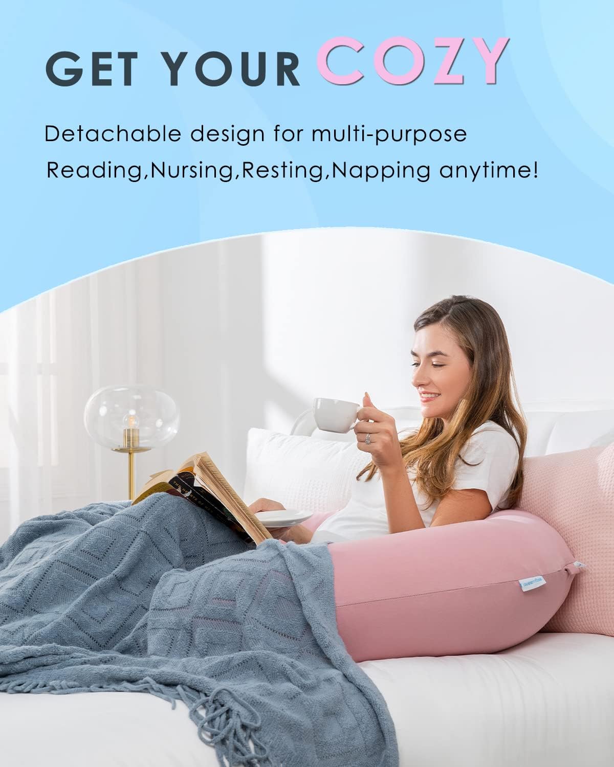 QUEEN ROSE Cooling Pregnancy Pillows, E Shaped Maternity Pillow for Sleeping, with Extra Wedge Pillow for Belly Support, 60 Inch Full Body Pillow, Pink