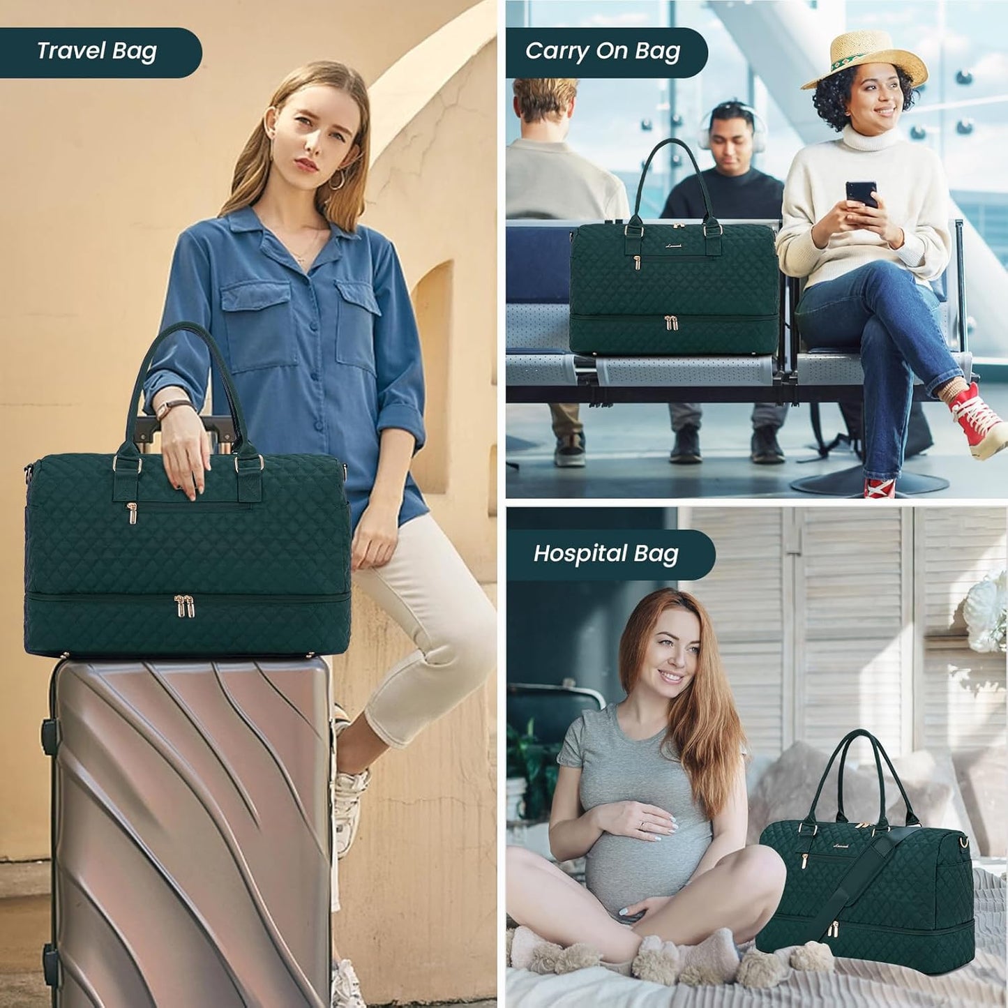 LOVEVOOK Travel Duffle Bag for Women, Weekender Overnight Bag with Shoe Compartment, Carry on Bag with Toiletry Bag, Gym Duffel Bag with Wet Pocket, Hospital Bags for Labor and Delivery 3 Pcs Set