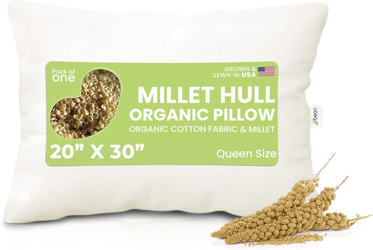 Bean Products 20" x 30" Queen Bed Pillow for Sleeping – Organic Millet Fill with Organic Cotton Fabric, Soft Head Pillow – Eco-Friendly, Breathable, and Durable Sleep Aid, Made in The USA