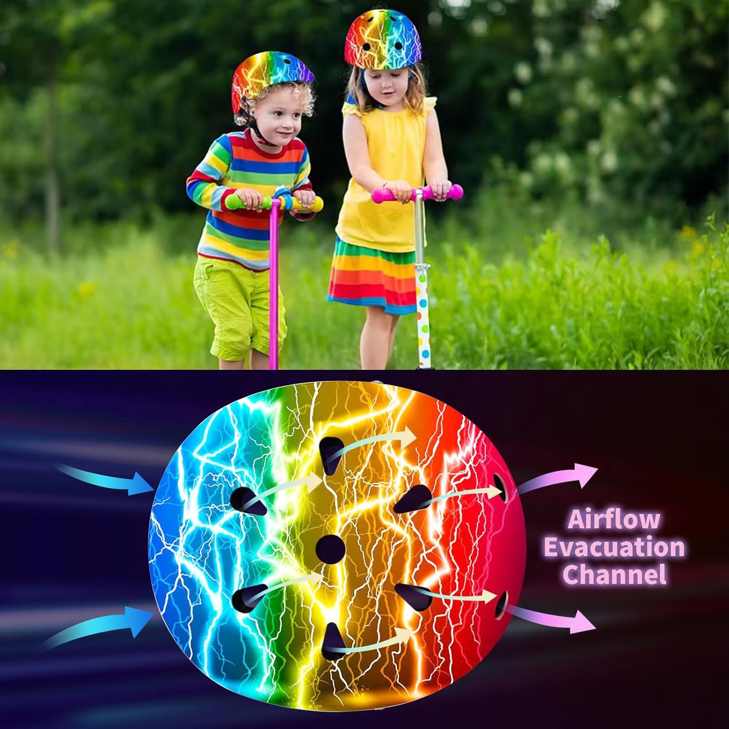 Adjustable Kids Bike Helmet with Knee & Elbow Pads Set, Color Gradient Design for Boys and Girls Aged 3-14+, for Skateboarding, Scooter, Roller & Inline Skating, Longboard