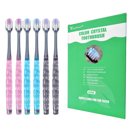 EasyHonor Soft Toothbrushes, Adult Medium Bristle Toothbrushes with Fashion Color Crystal & Non-Slip Handle and Wide-Head and Square Hole Bristles, Soft Toothbrush for Sensitive Gums (6 Pack)