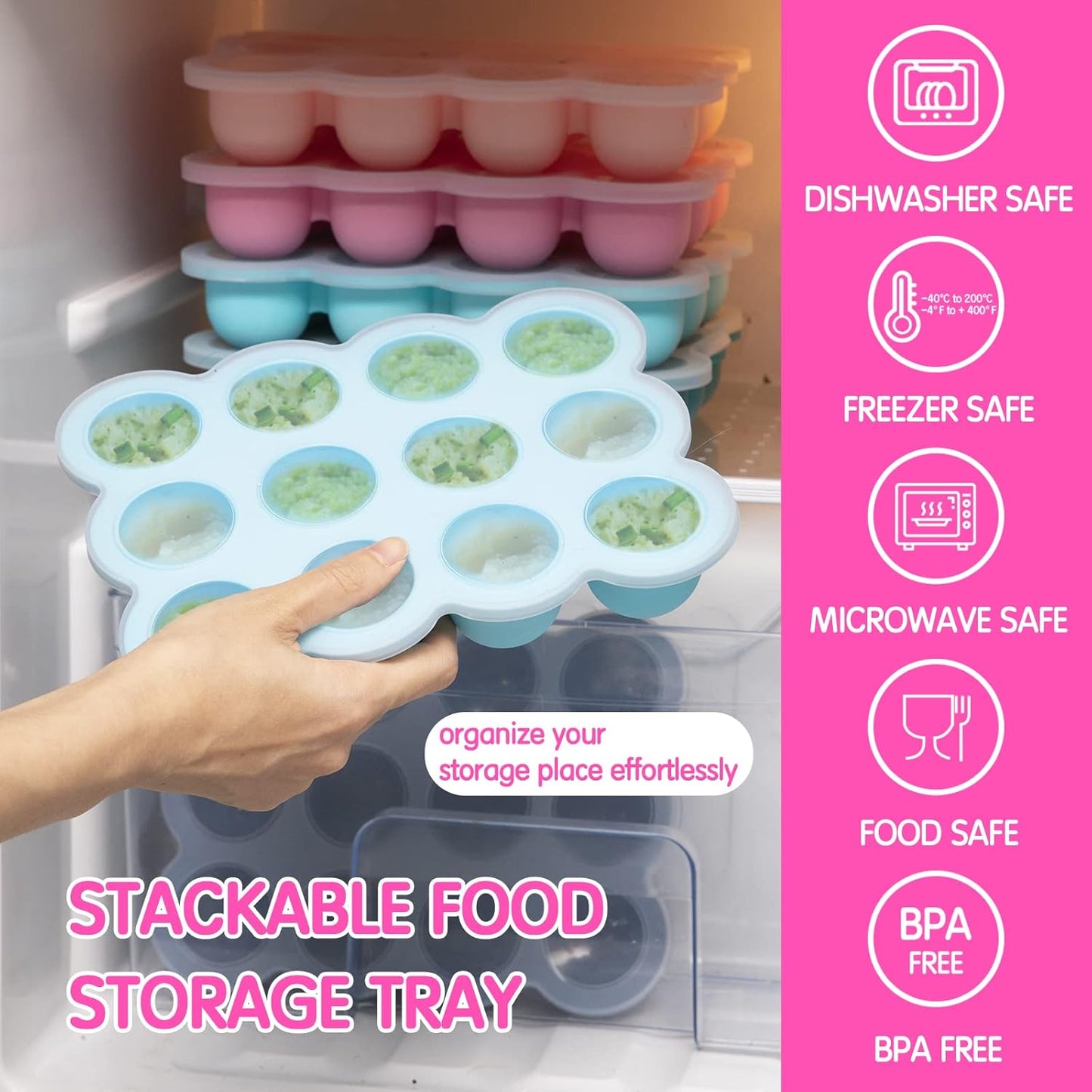 Baby Food Storage - 12 x 1.5 Ounce Silicone Freezer Tray with Lid, Perfect for Homemade Baby Food, Vegetables & Fruit Purees, Breast Milk - Pink