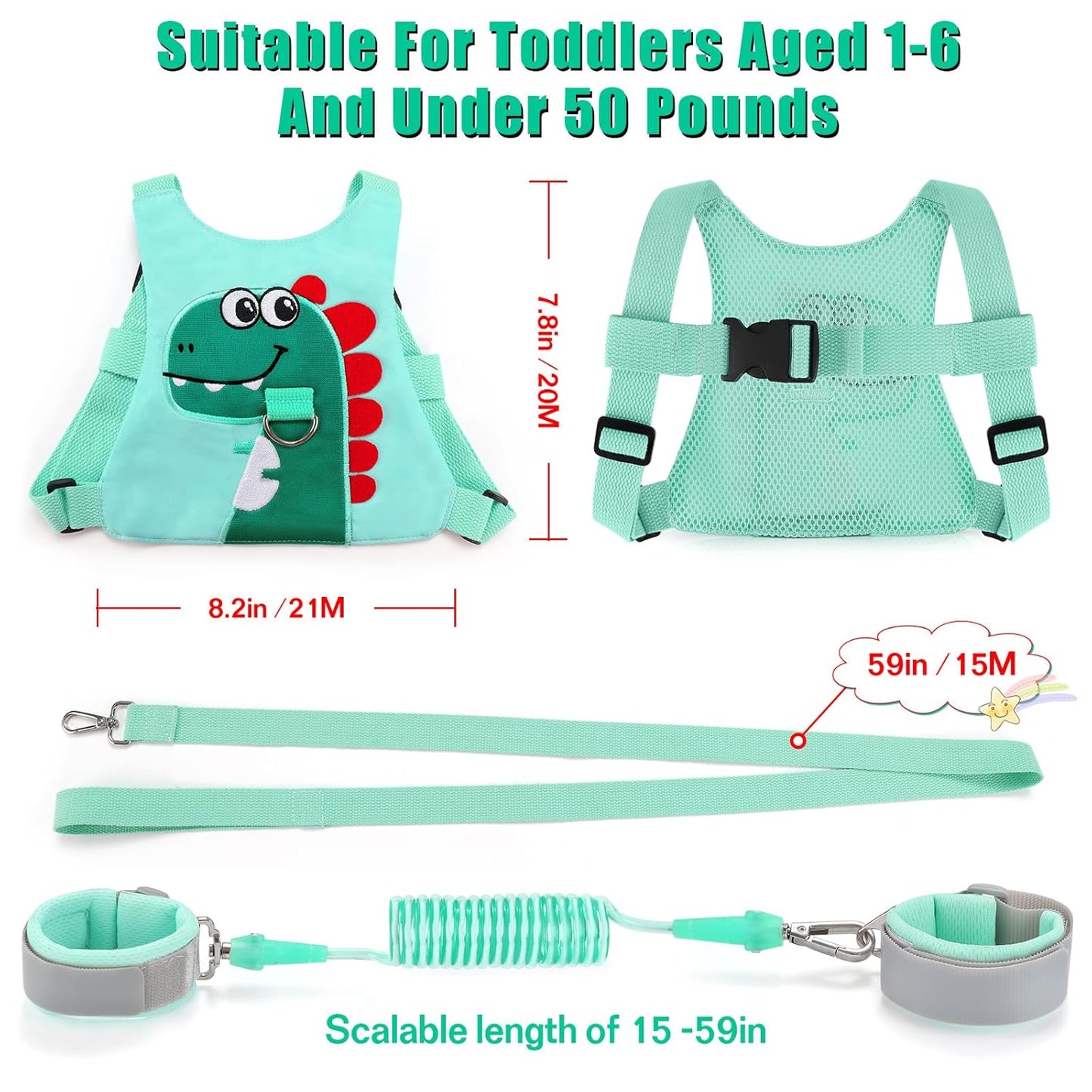 Toddler Leash-Baby Walking Safty Harness and Child Anti Lost Wrist Link for Girls/Boys Travel (Green)