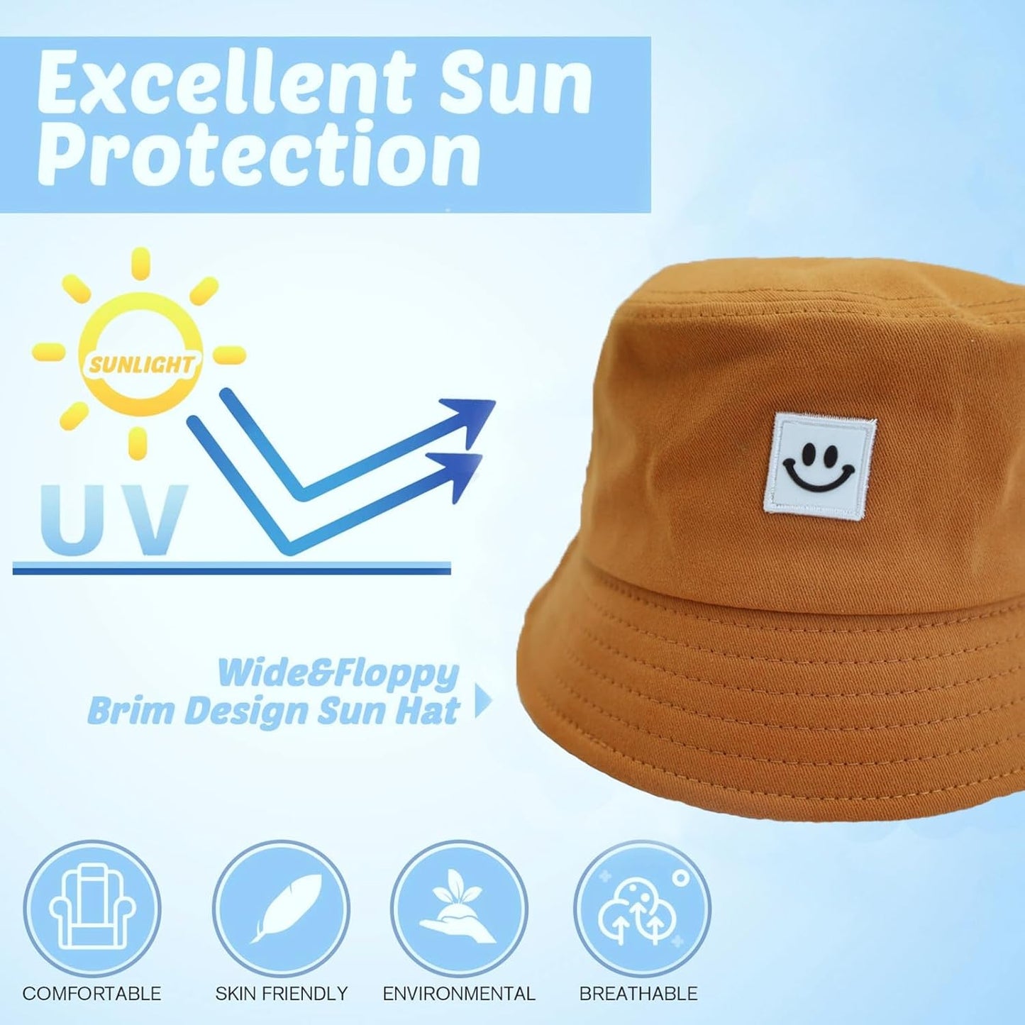 Kids Sun Hat Smile Face Bucket Hat for Girls Boys Summer Sun Protection Cotton Unisex Beach Cap