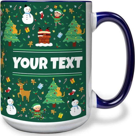 Personalized Mug for Kids - Christmas - Custom Name/Text, Ceramic Hot Chocolate/Cocoa/Coffee Cup for Boys/Girls, Holiday/Birthday Gift - 15 oz, Navy Blue Handle