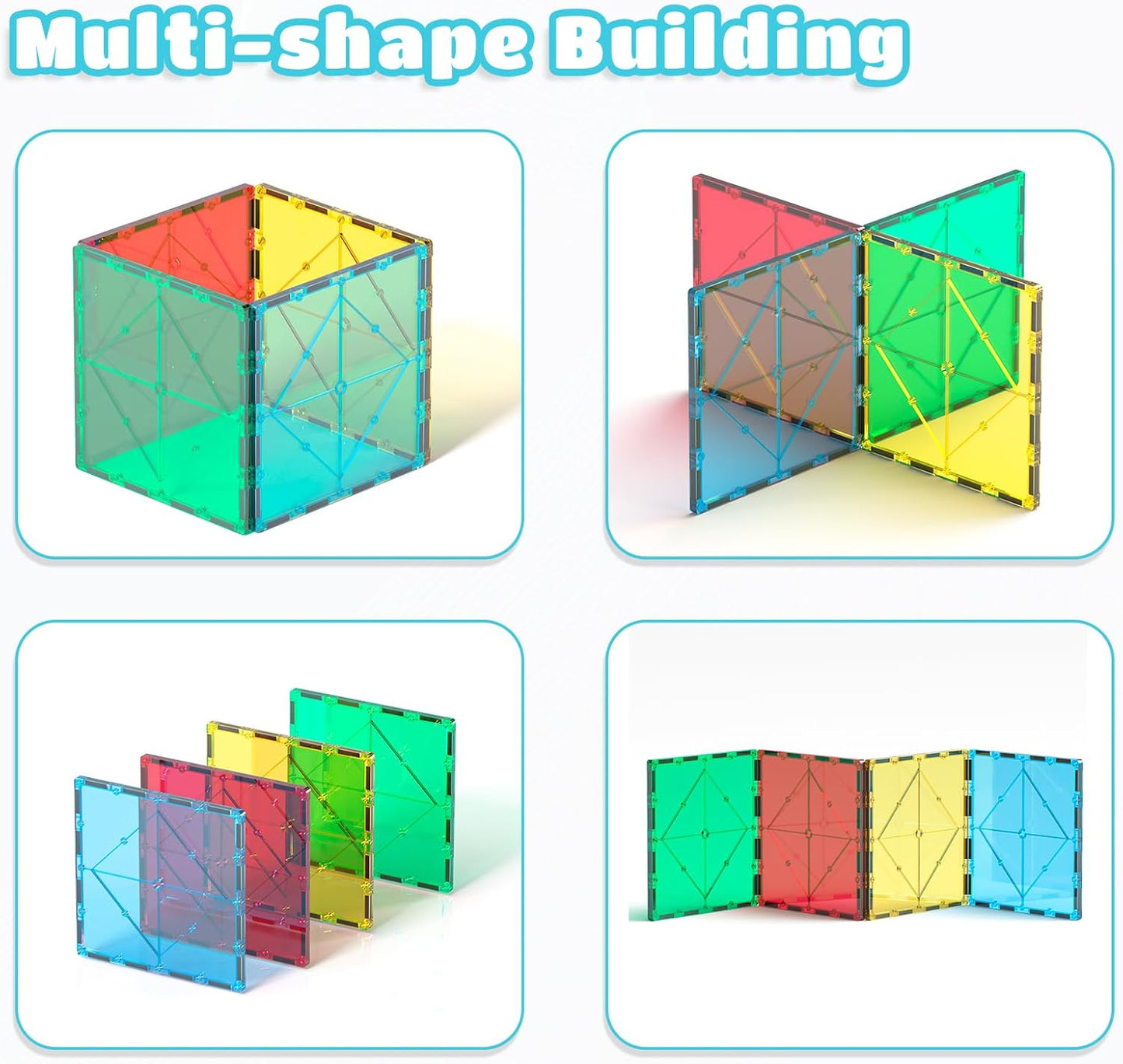 Bmag 4 Piece Magnetic Tiles Large Square, Magnet 3D Building Blocks Expansion Set for Kids, STEM Preschool Learning Kit Educational Playset Construction Toys for Boys Girls Ages 3+