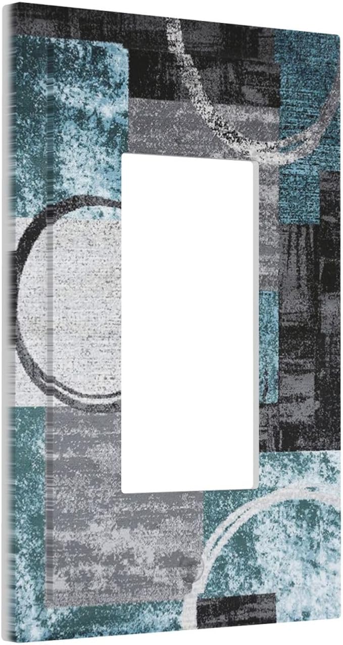 1 Gang Single GFCI/Decorator Rocker Outlet Light Switch Wall Plate Cover Contemporary Modern Abstract Grey Navy Blue Turquoise Teal Circles Geometric Decorative One Device Electrical Faceplate Dimmer