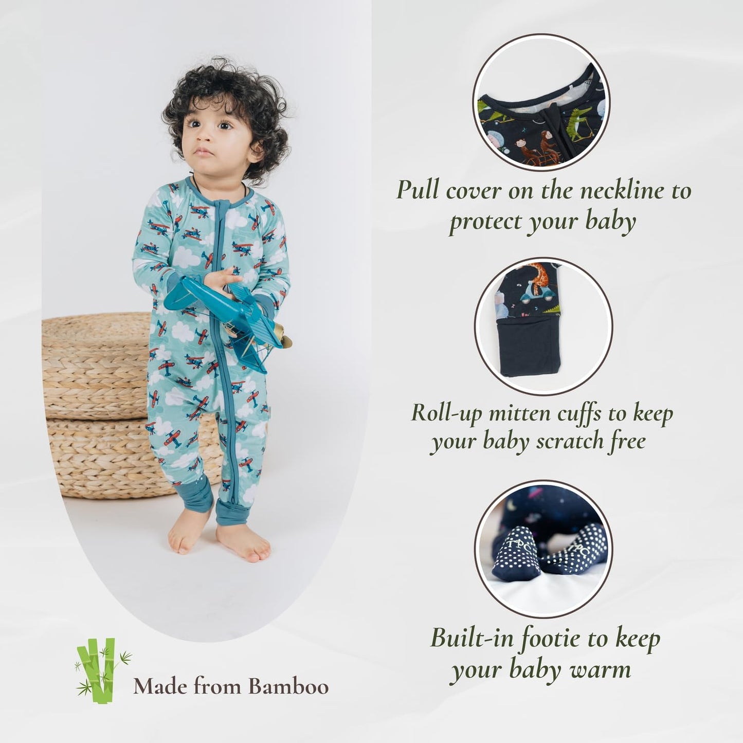 Baby Romper Long Sleeves for 3-24 Month Boys & Girls | 95% Bamboo Viscose Baby Rompers Two-Way Zipper Onesie