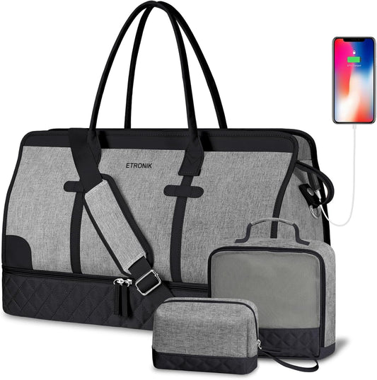 ETRONIK Weekender Overnight Bags for Women, Large Travel Duffle Bags with Shoe Compartment & Wet Pocket, Carry On Gym Bag with Toiletry Bags for Hospital 3 Pcs Set, Large Size, Black-Grey