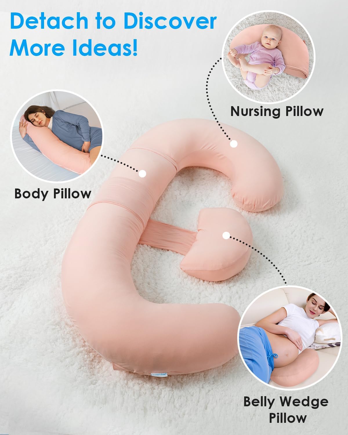 QUEEN ROSE Cooling E Shaped Pregnancy Pillows, Detachable Body Pillow for Sleeping, with Pregnancy Wedge Pillow for Belly Support, Cooling Rayon Cover,Pink